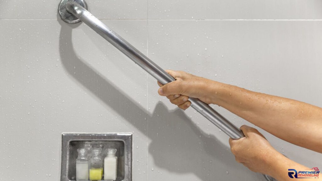 A grab bar in a bathroom.